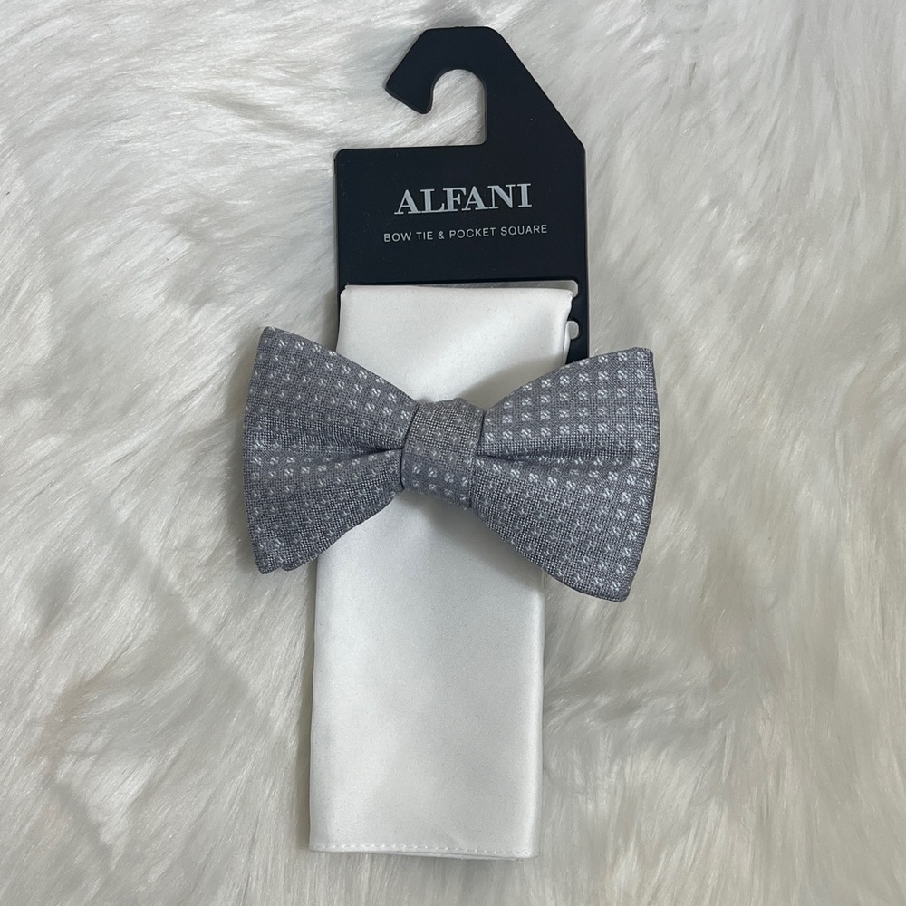NWT Alfani Silver Bow Tie and White Pocket Square Set